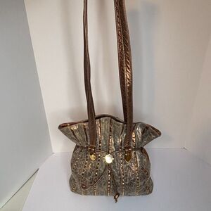 Valerie Artisan Textile Bronze Leather Studded Crossbody Bag Womens Designer